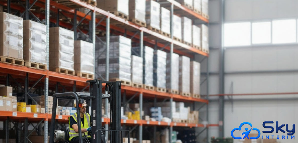 Cariste roumain dans un entrepôt logistique en France.