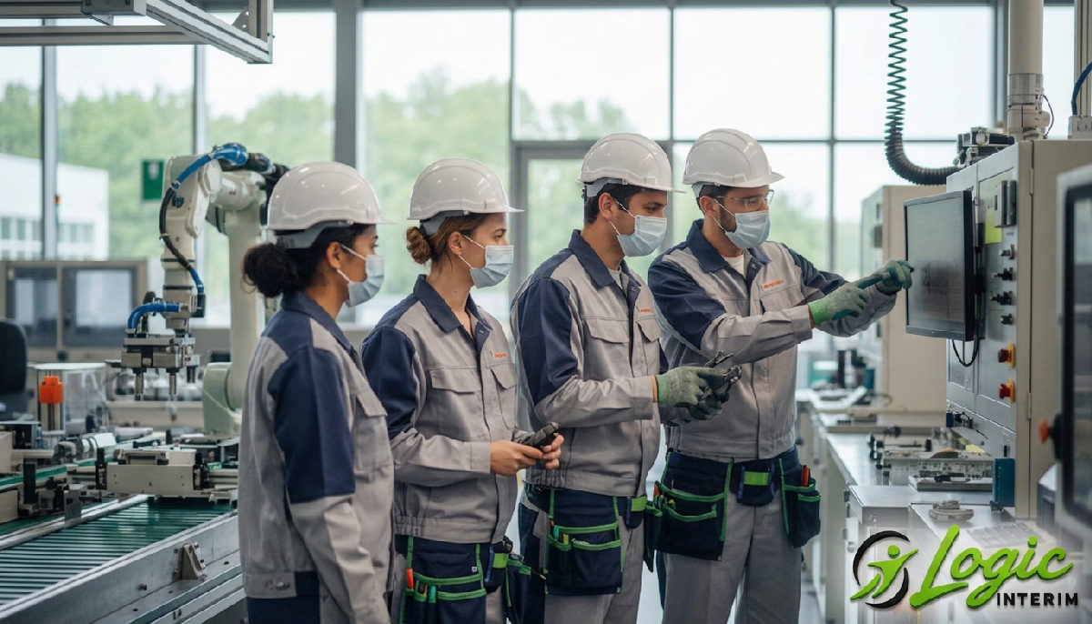 Travailleurs européens qualifiés dans une usine moderne.