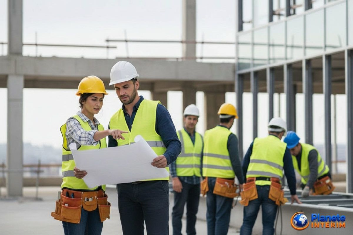 Travailleurs roumains et français collaborant sur un chantier de construction.