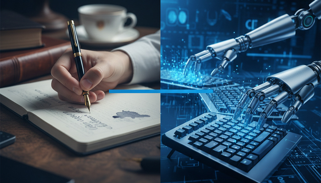 Escrita manual versus digitação rápida de IA em vários teclados.