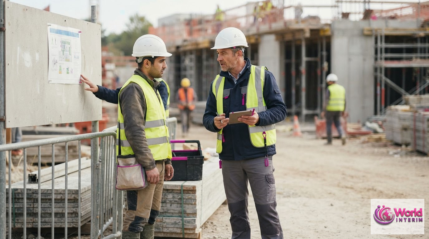 Un chef de chantier expliquant les consignes de sécurité à un maçon roumain.