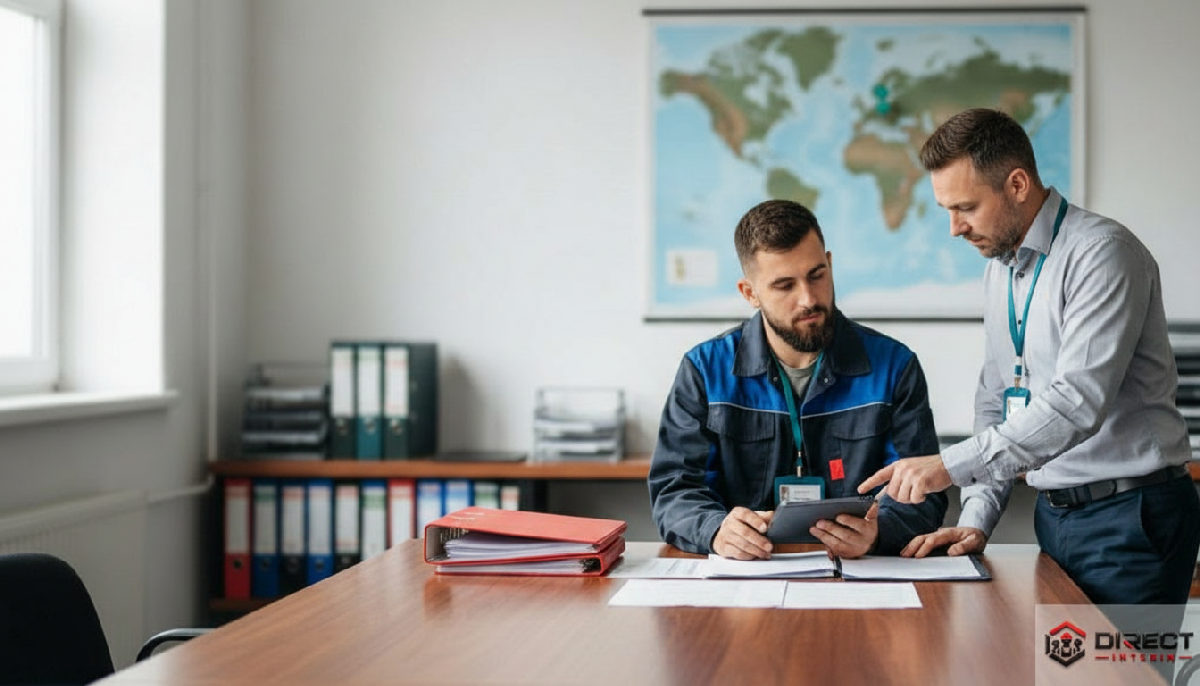 Gestionnaire et chauffeur vérifiant des documents, recrutement international.