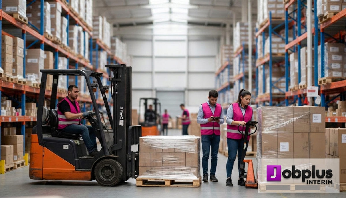 Travailleurs roumains dans un entrepôt effectuant des tâches logistiques.