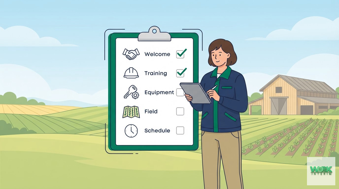 Un groupe de travailleurs saisonniers en formation devant des machines agricoles.