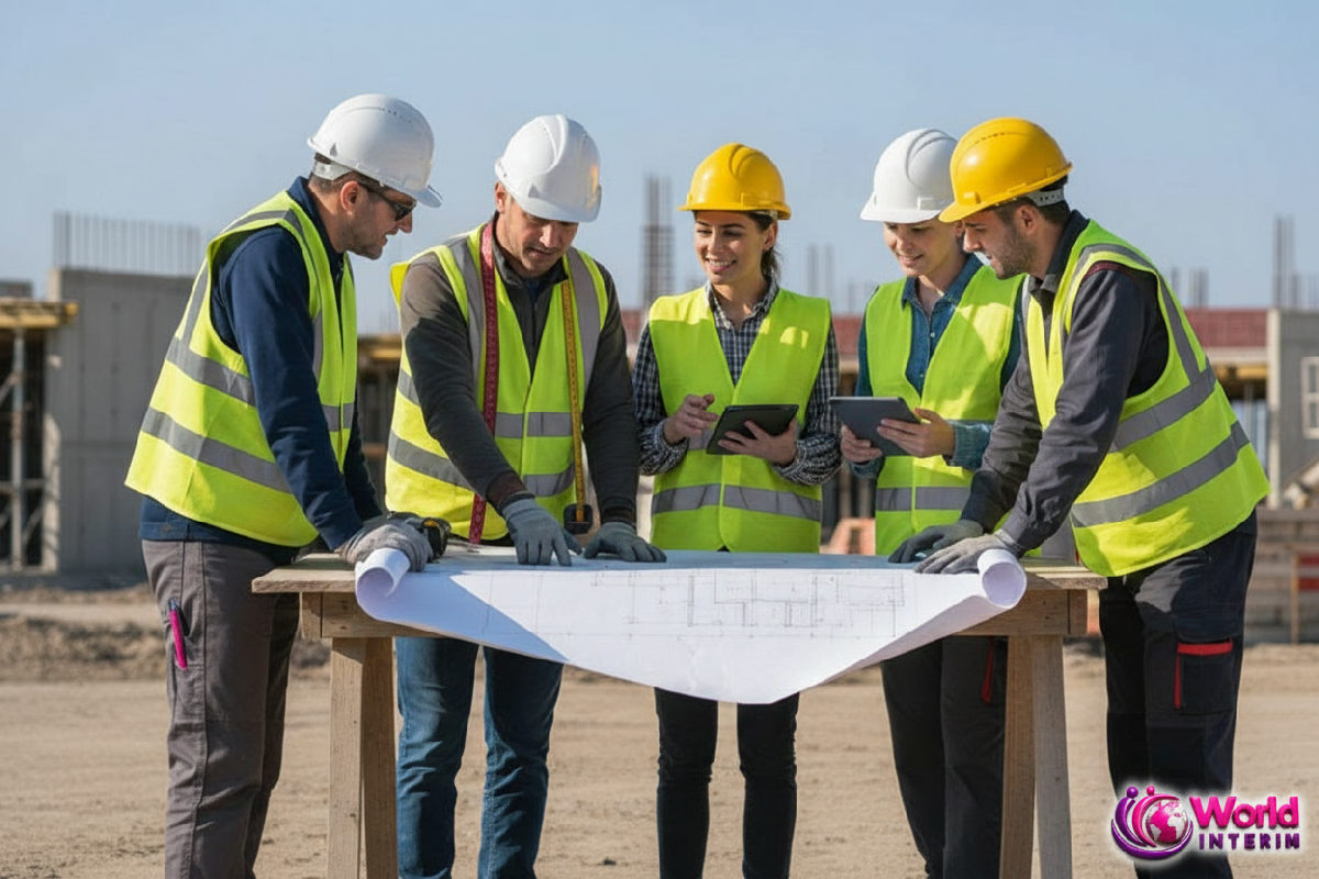 Ouvriers français et roumains discutant d'un plan de construction.