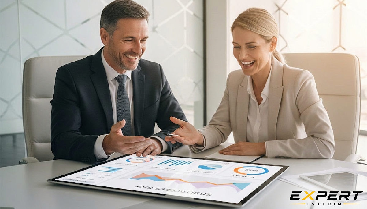 PDG et DRH discutant des résultats de recrutement automatisé.