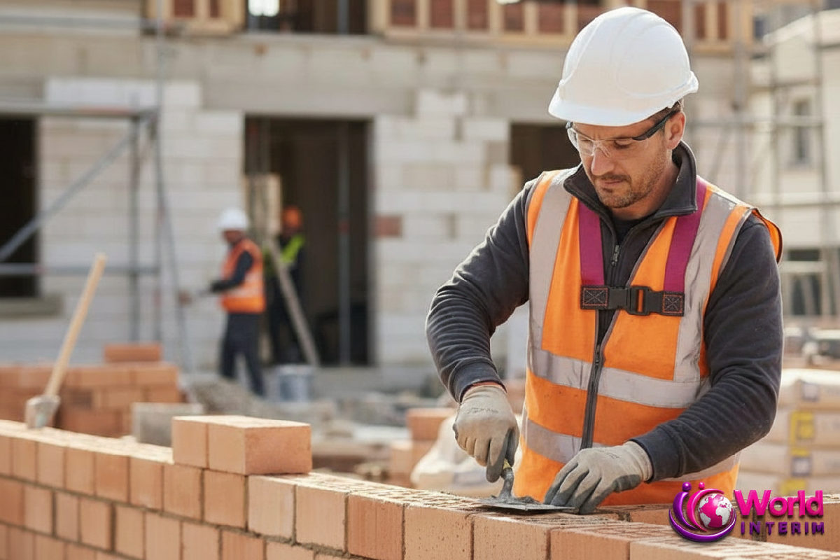 quelle assurance pour un maçon roumain détaché - Maçon roumain sur un chantier français, équipé pour la sécurité.