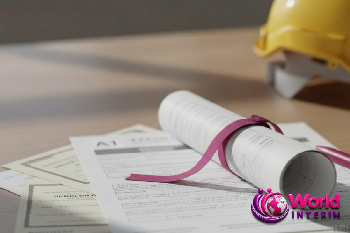 Documents administratifs, formulaire A1 et assurances, sur un bureau.