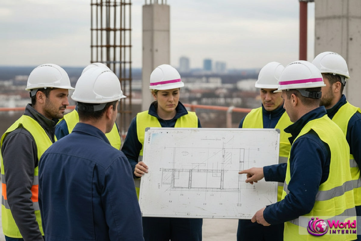 Ouvriers du bâtiment, dont des maçons roumains, en briefing sécurité.