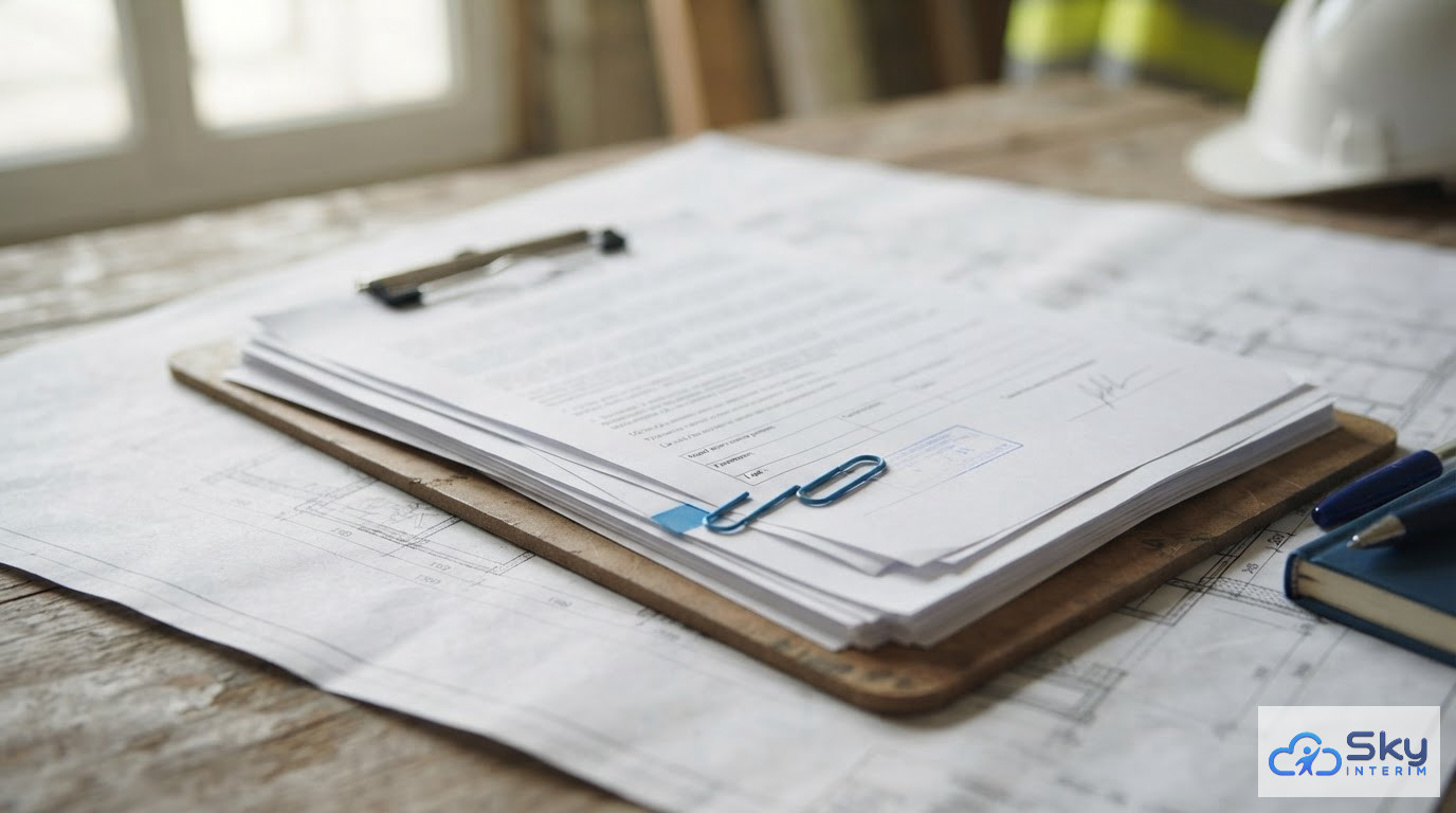 Contrat de travail et documents administratifs posés sur un plan de chantier.