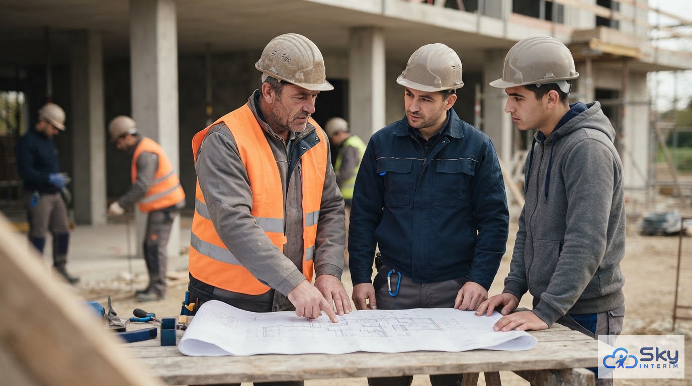 Équipe mixte d'ouvriers discutant autour d'un plan sur un chantier.