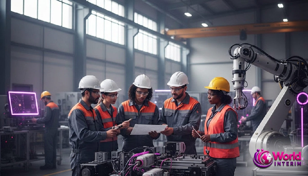 Ouvriers français et roumains collaborant dans une usine moderne.