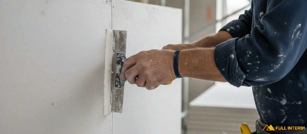 Gros plan sur les mains d'un artisan réalisant des joints de plâtre.