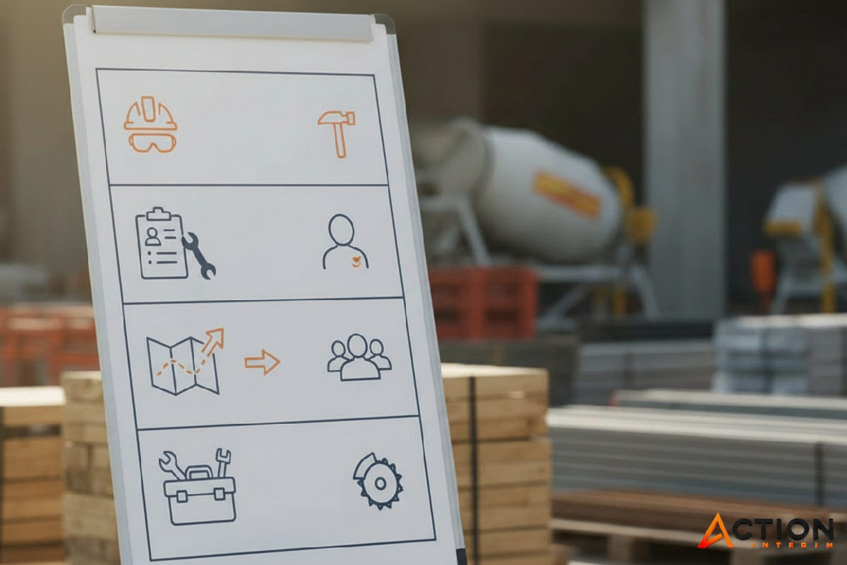 Tableau blanc avec une liste de contrôle d'accueil sur un chantier.