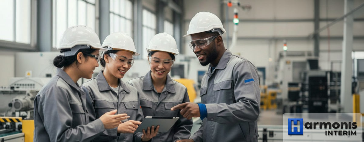 Équipe multiculturelle collaborant dans une usine en France.