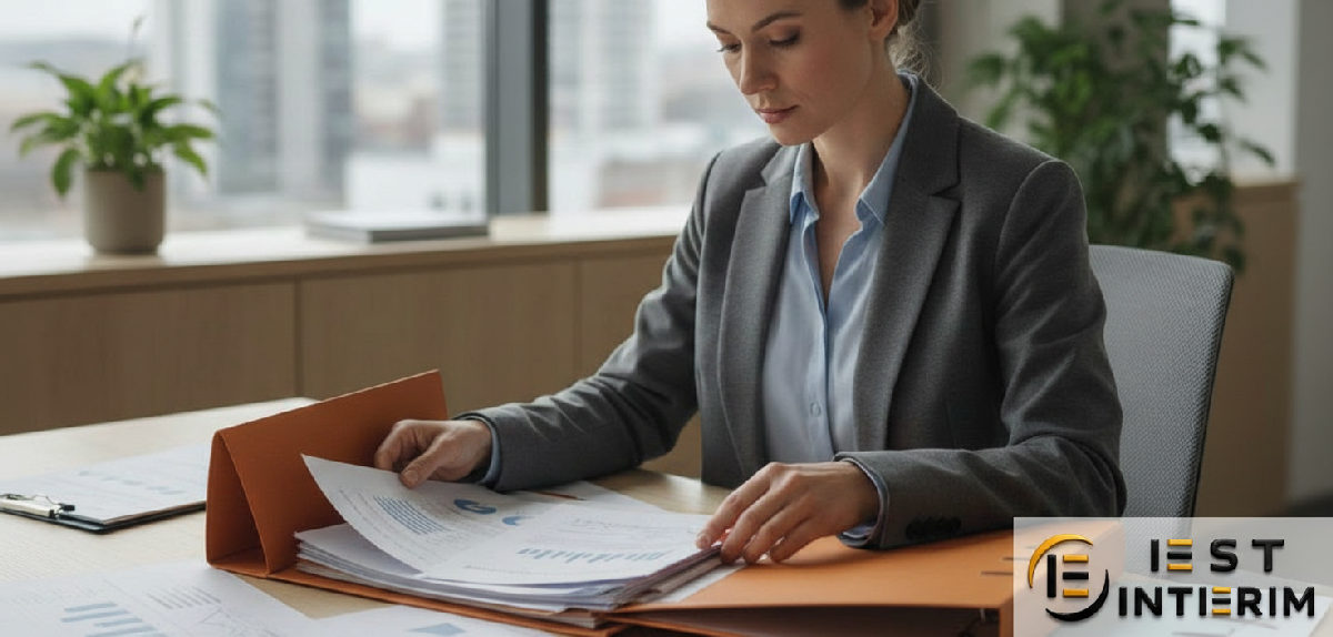 Gestionnaire RH vérifiant des contrats d'assurance pour intérimaires étrangers.