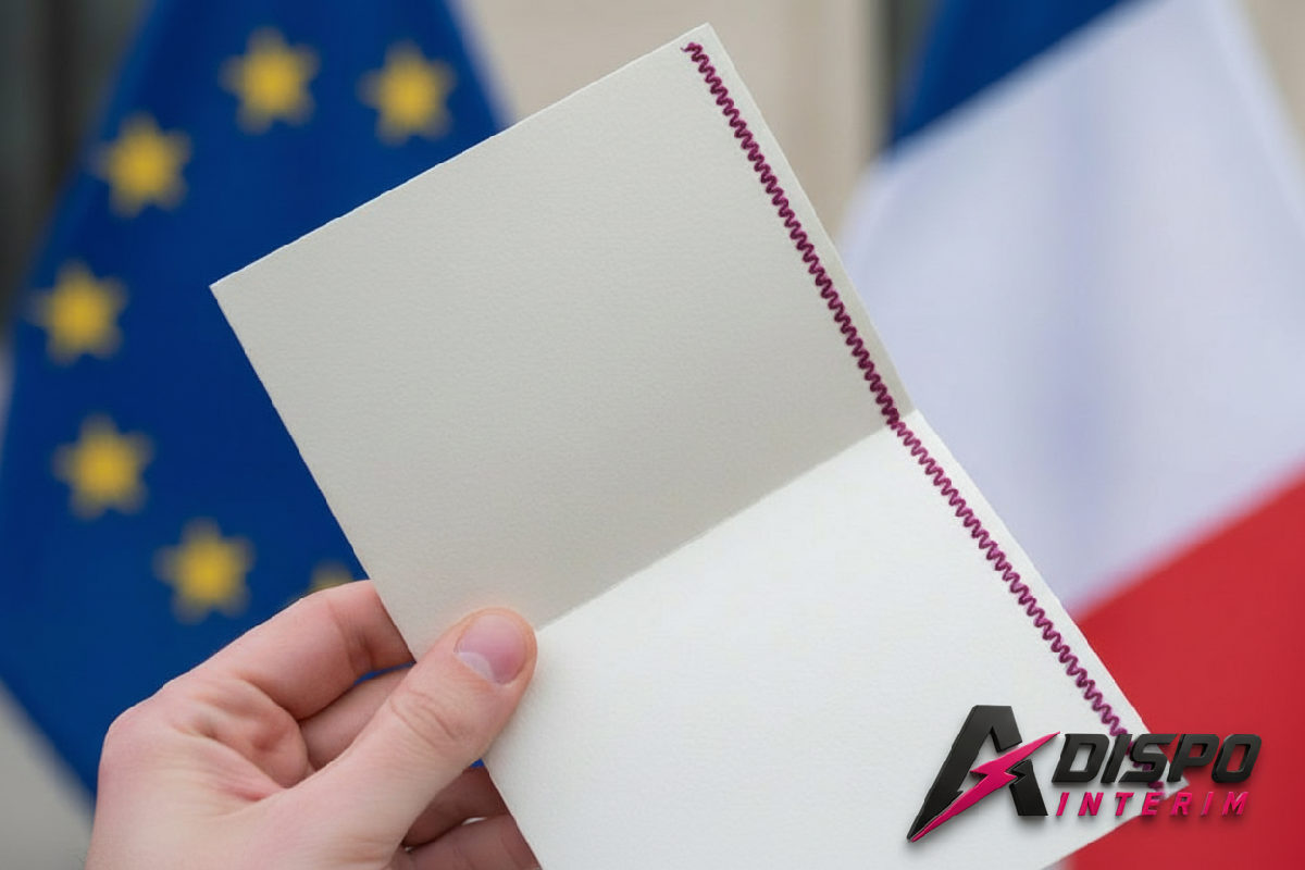 Main tenant un formulaire A1 devant les drapeaux européen et français.