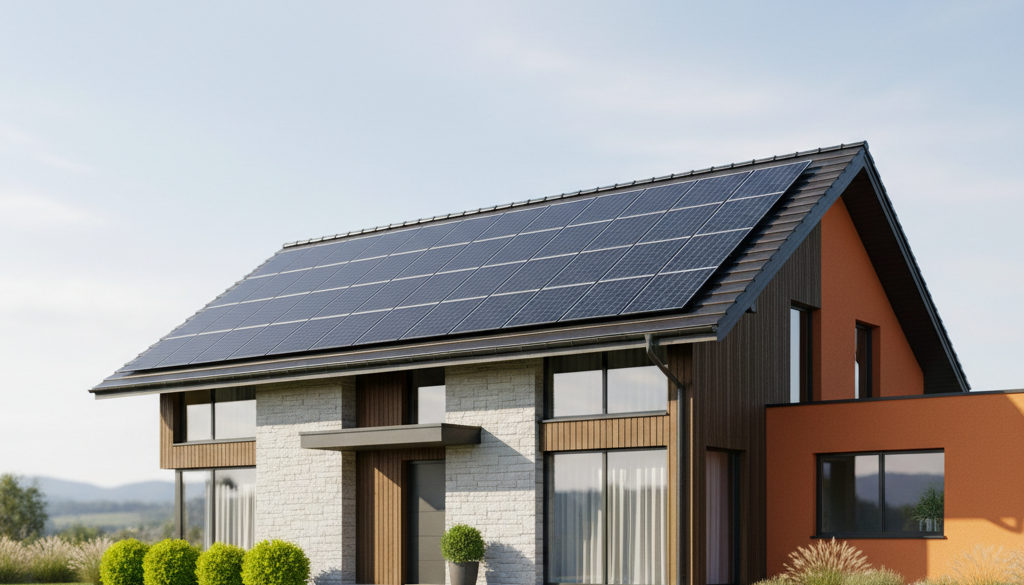 cena fotovoltaiky na klíč ceník - Moderní dům s černými fotovoltaickými panely na střeše.