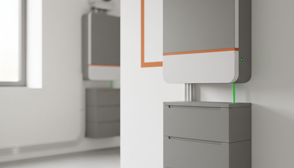 Detailní pohled na střídač a bateriové úložiště v technické místnosti.