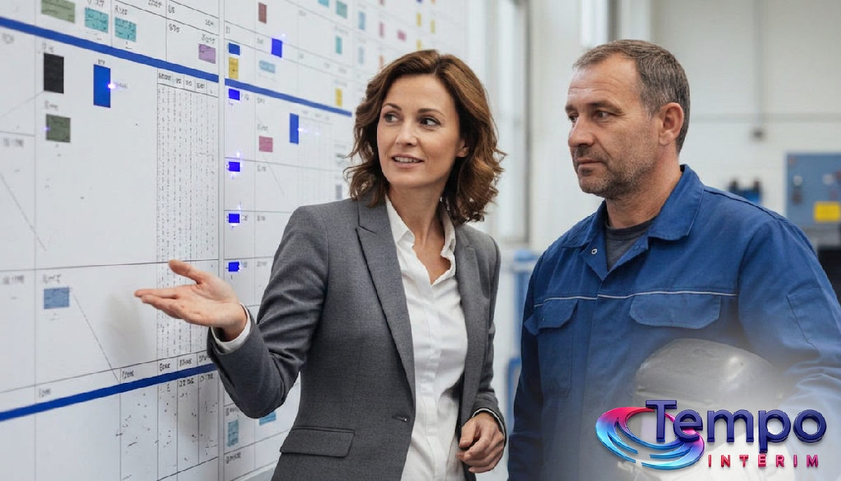 Responsable RH français et soudeur roumain devant un tableau de production.