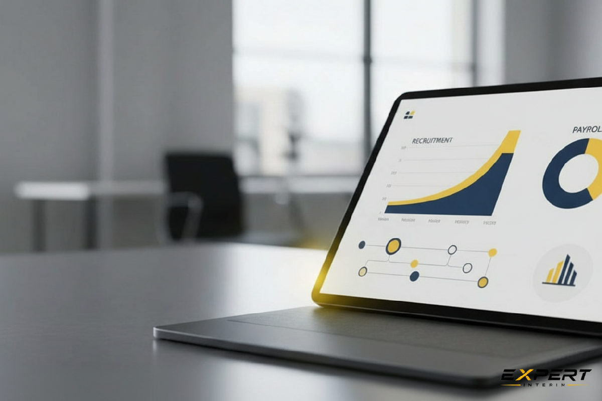 Une tablette affiche un tableau de bord RH avec des statistiques claires.