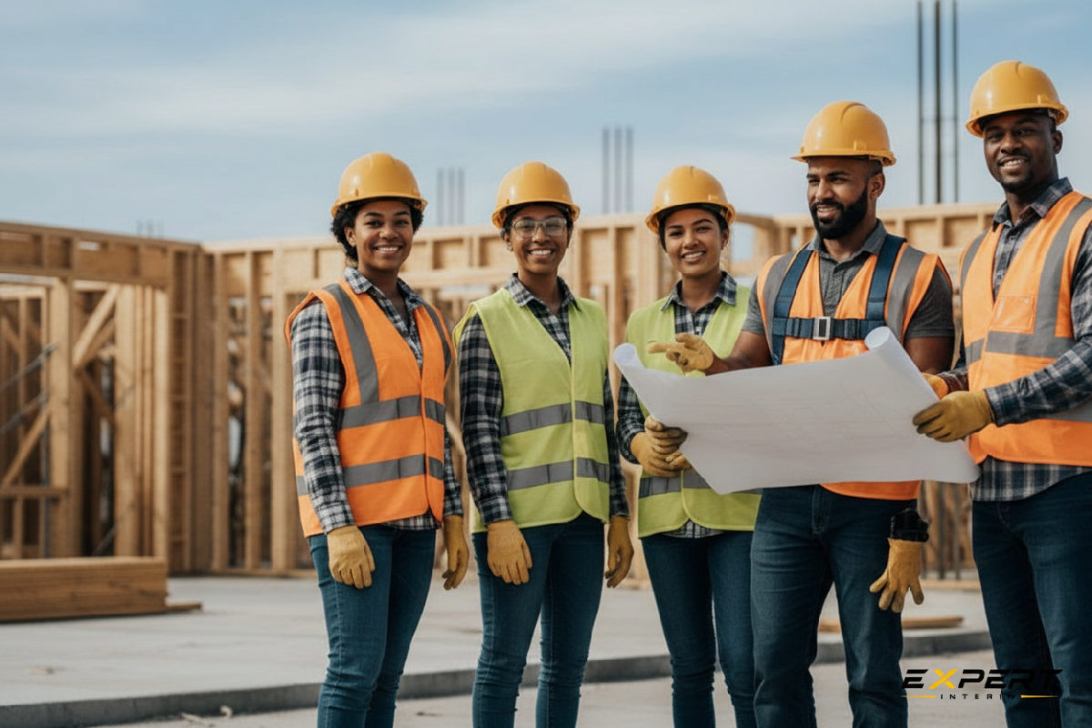 Une équipe diversifiée de travailleurs de la construction confiants et productifs.