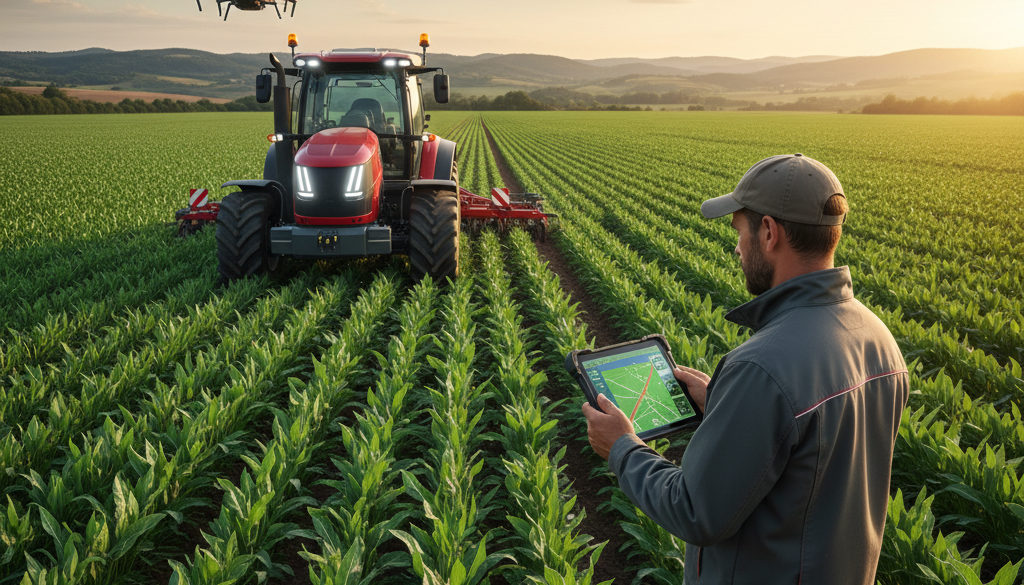 Tracteur automatisé dans un champ, supervisé par tablette.