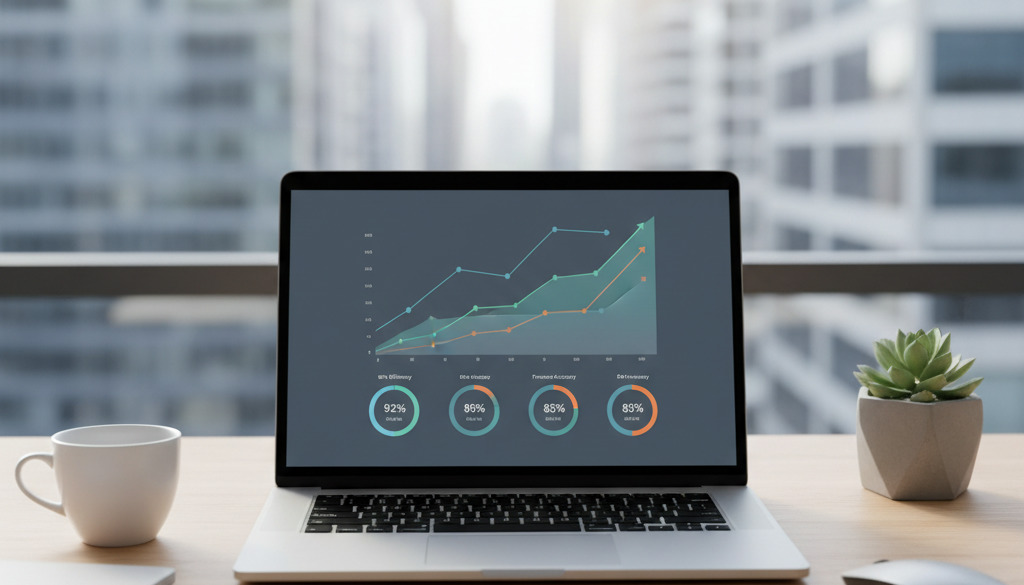 Laptop displaying a data dashboard with upward-trending charts.