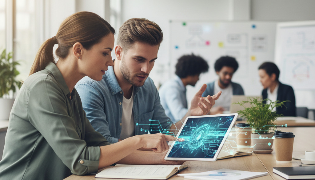 Business owner and employee review AI on a tablet together.