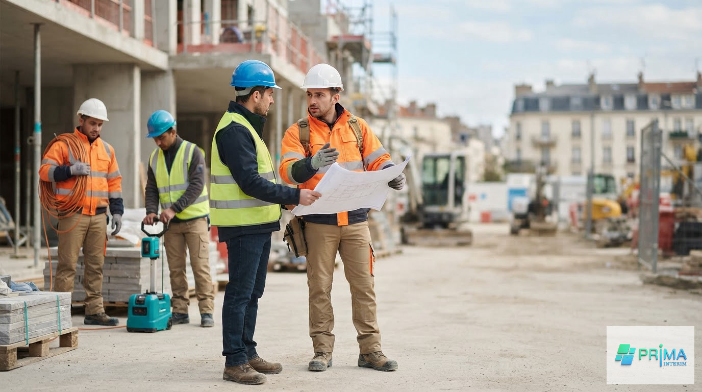 Des travailleurs roumains en tenue de sécurité sur un chantier en France.