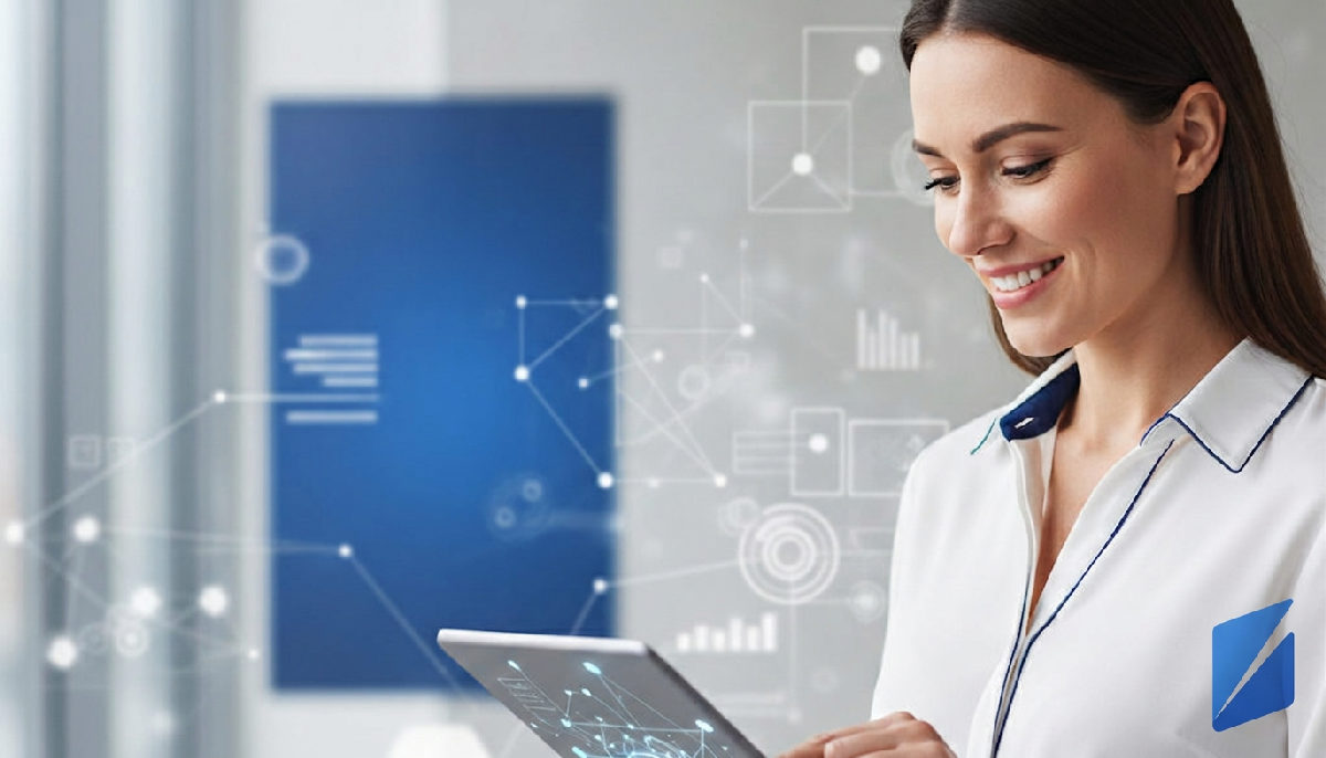 Business owner happy with efficient automated systems on tablet.