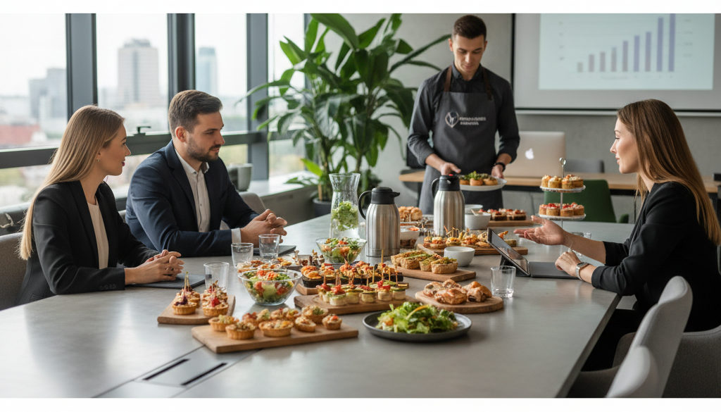 catering dla firm Warszawa - Profesjonalny catering w nowoczesnym biurze podczas spotkania.