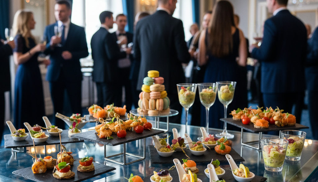 Elegancki finger food na stole podczas gali wieczorowej.