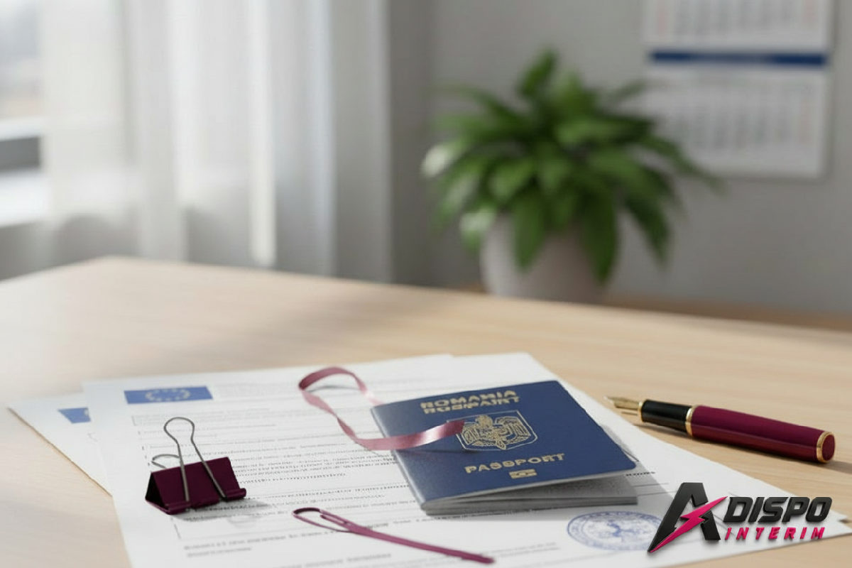demande attestation A1 salarié roumain France - Bureau avec documents européens et passeport roumain pour attestation A1.