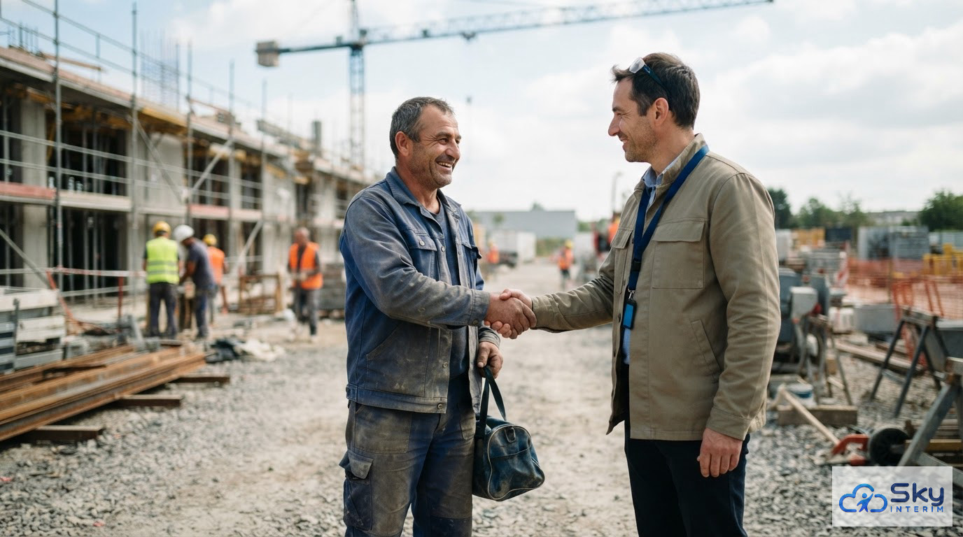 Un chef de chantier accueille chaleureusement un travailleur saisonnier roumain.