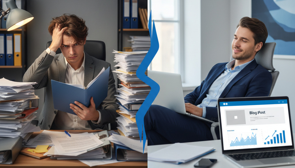 Emprendedor abrumado por el trabajo vs. relajado con contenido asistido por IA.