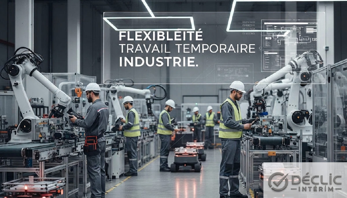 flexibilité travail temporaire industrie - Usine moderne avec ouvriers et machines automatisées.