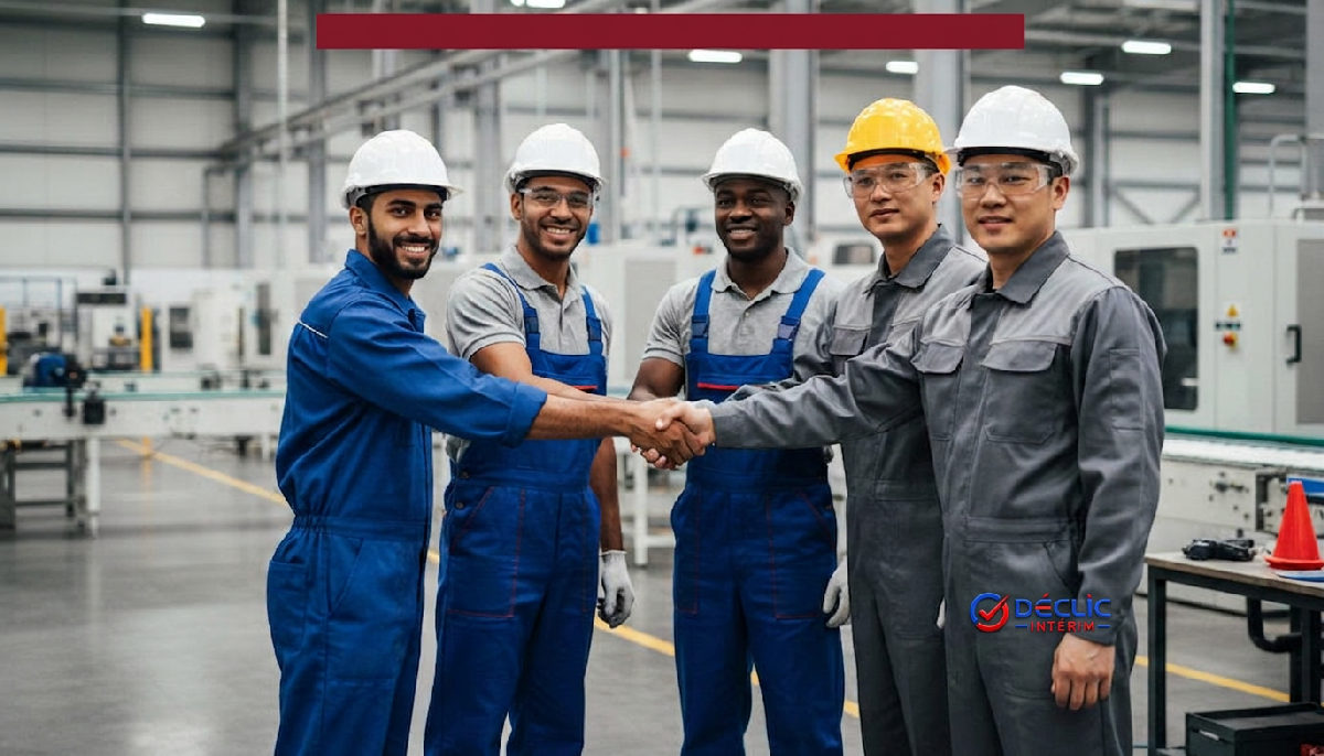 Équipe industrielle mixte serrant la main dans une usine.