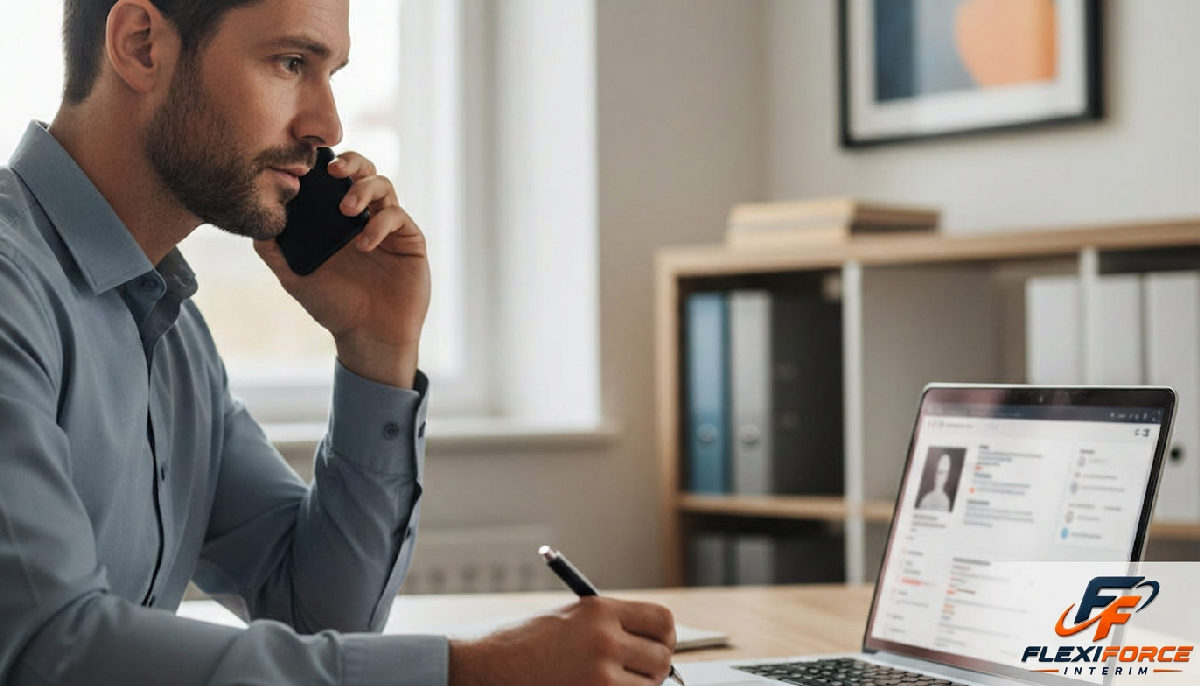 Recruteur au téléphone consultant un profil pour vérifier des références.