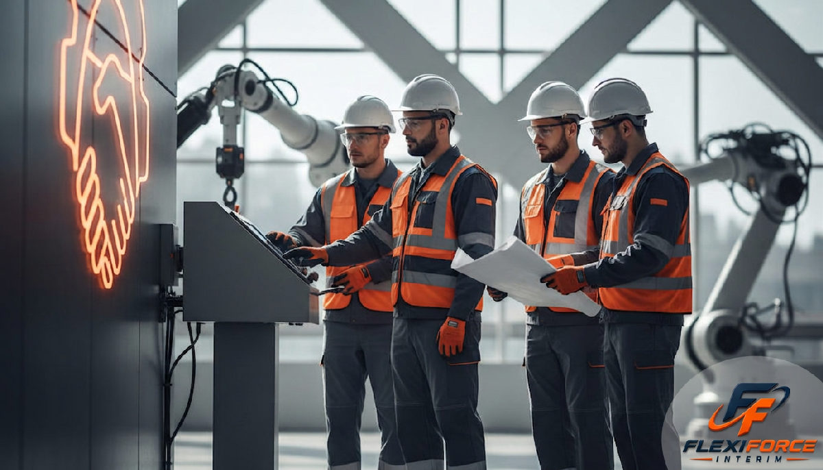 Logo FlexiForce et ouvriers qualifiés travaillant sur site industriel.