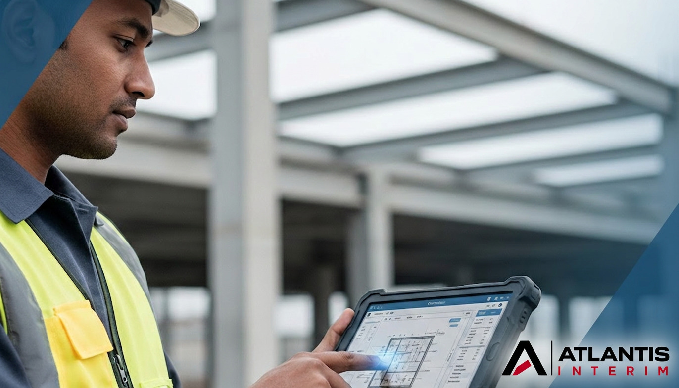 Un ouvrier vérifie des plans sur une tablette, qualité et technologie.
