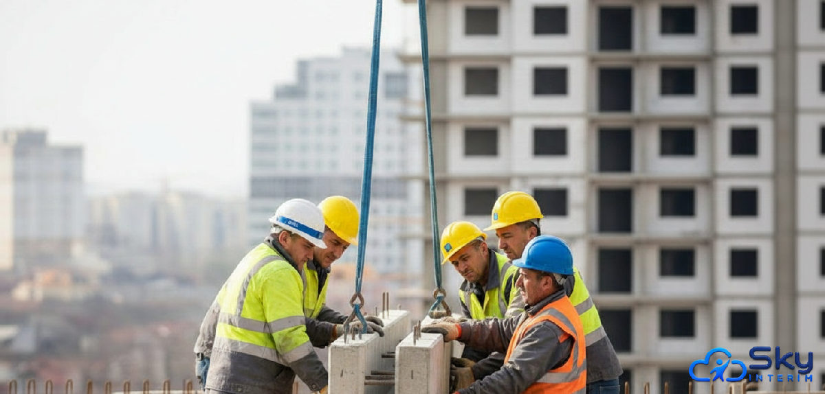 Ouvriers du BTP collaborant sur une structure en béton.