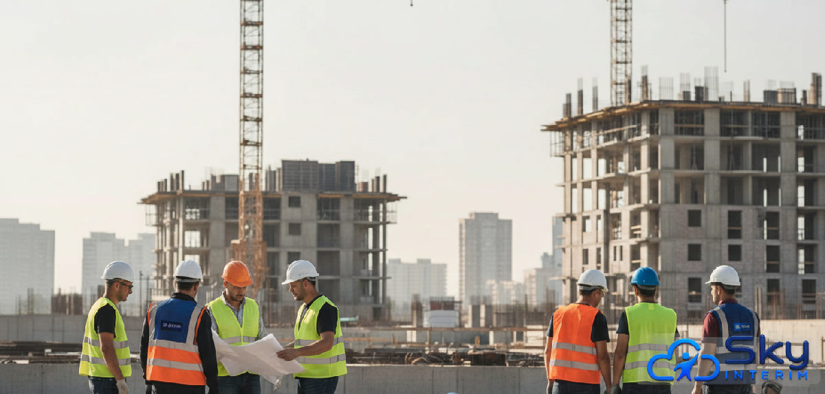 Grand chantier urbain avec des équipes actives et des grues.