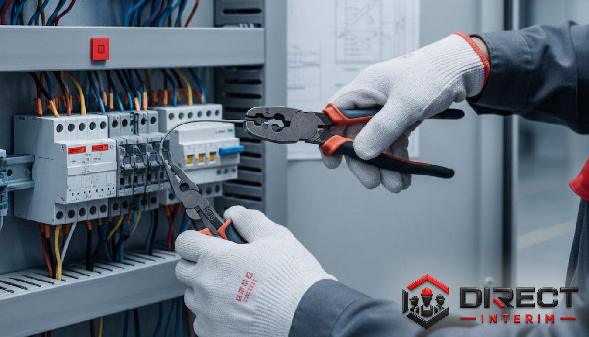 Mains d'un électricien travaillant sur un tableau complexe.