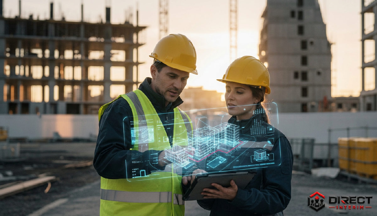 Chef de chantier et ingénieur discutant d'un plan numérique.