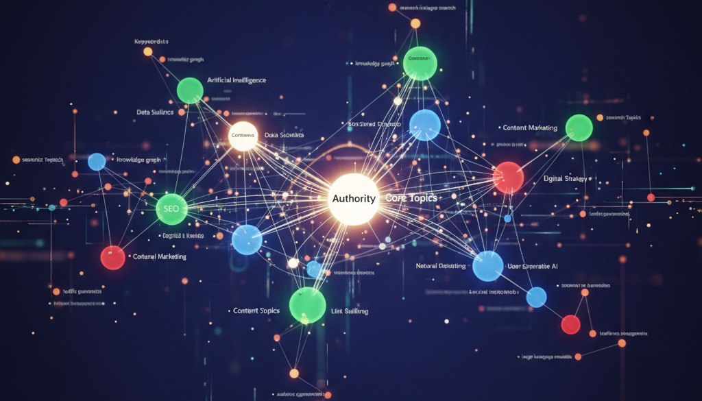 Knowledge graph visualizing interconnected content topics and keywords for SEO.