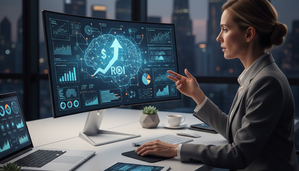 Professional analyzes AI marketing data and ROI on a computer screen.