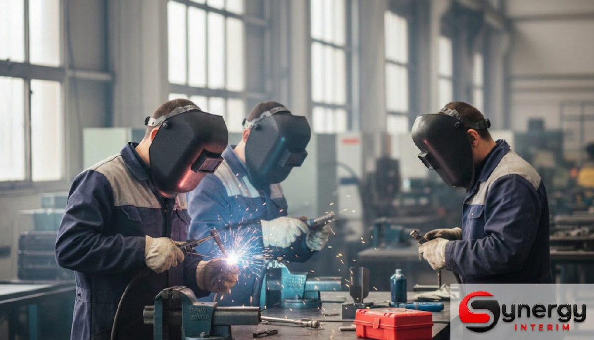 Synergy Intérim : Réduisez vos coûts de personnel 1 Ouvriers roumains de Synergy Interim soudant des pièces de précision en France.