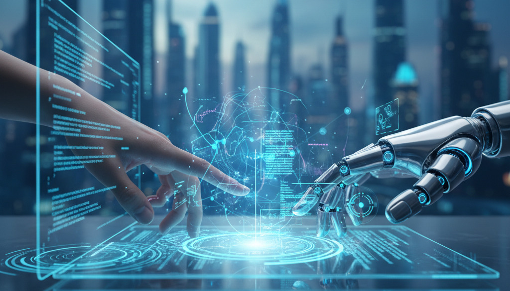 Human and AI hands collaborating on a digital interface.