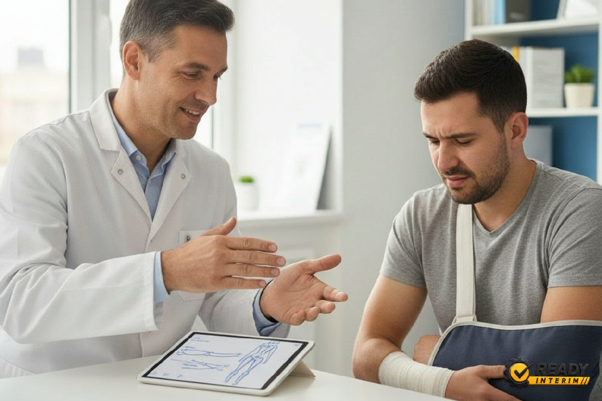 Un médecin explique la rééducation à un travailleur roumain.